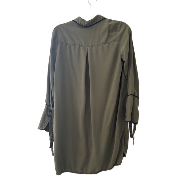 Zara Tencel Olive Button-Up Longline Shirt Dress W/ Tie Sleeve Detail S - Picture 3 of 10